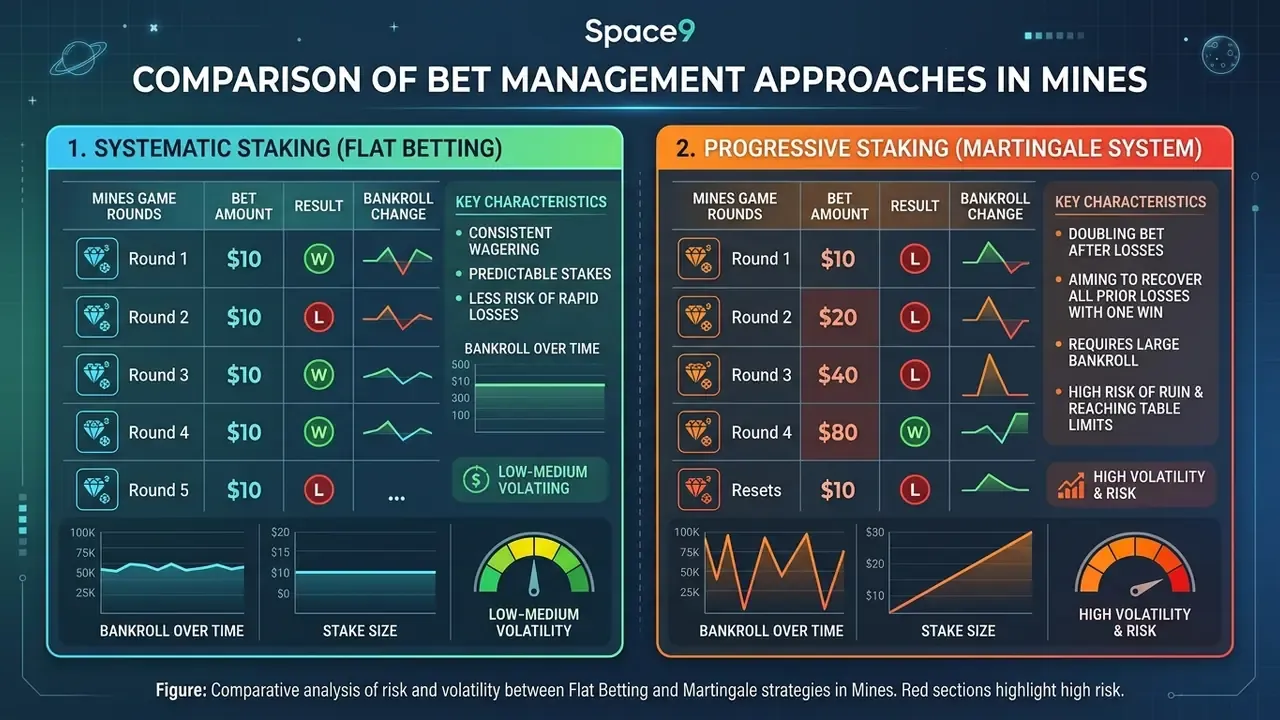 Infographic comparing betting systems in Mines casino