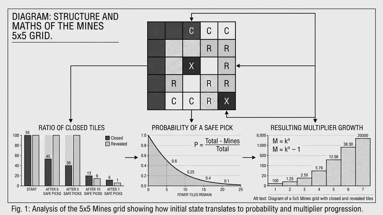 Diagram of a 5x5 Mines grid with closed and revealed tiles
